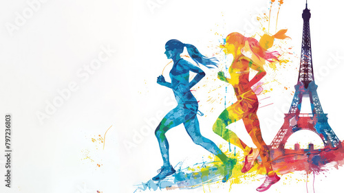 Colorful watercolor paint of runners athlete exercise by eiffel tower