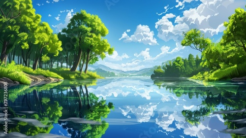 Serene lakeside landscape with lush greenery