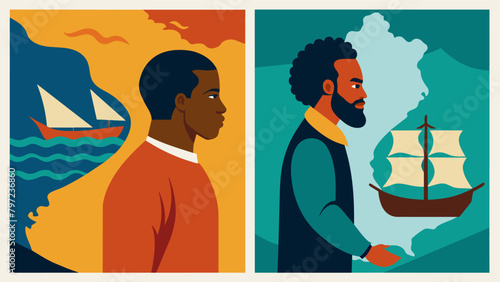 Two panels side by side one showing a slave ship and the other displaying a map of the Underground Railroad emphasizing the struggle for freedom and. Vector illustration