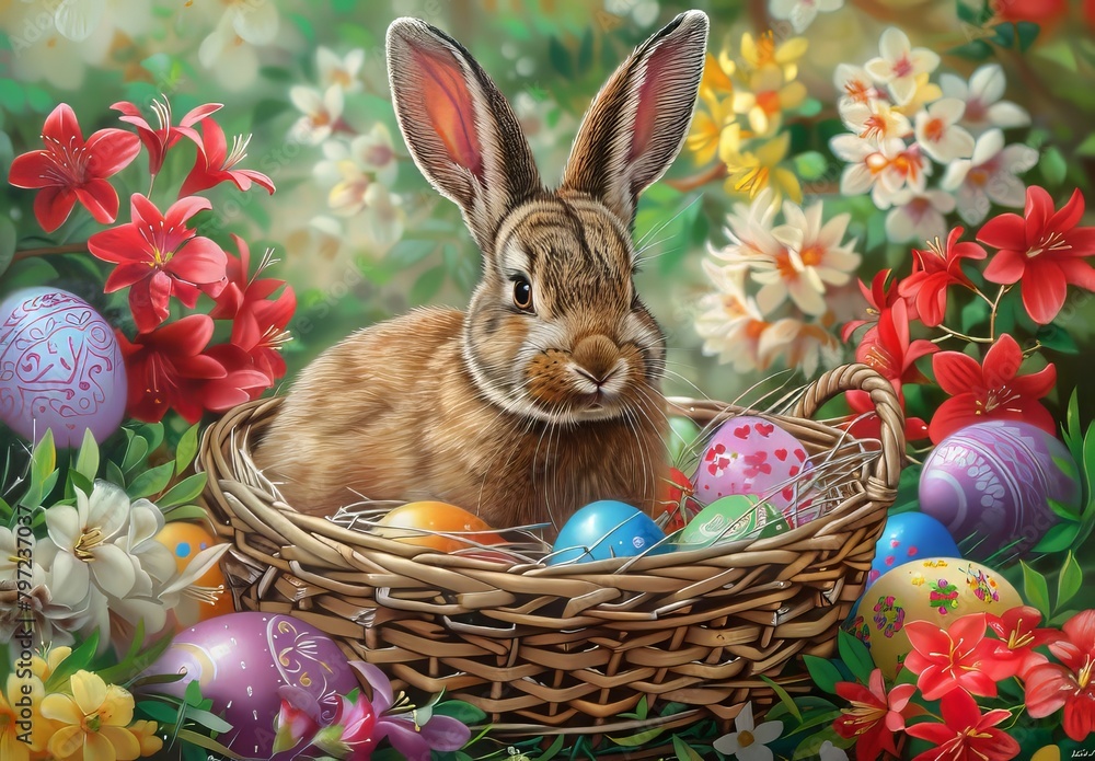 Traditional Easter Bunny with colorful Easter eggs. Happy easter Traditional Easter Bunny with colorful Easter eggs. Happy easter