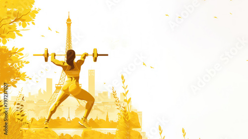 Yellow illustration of weightlifter athlete at olympic by eiffel tower