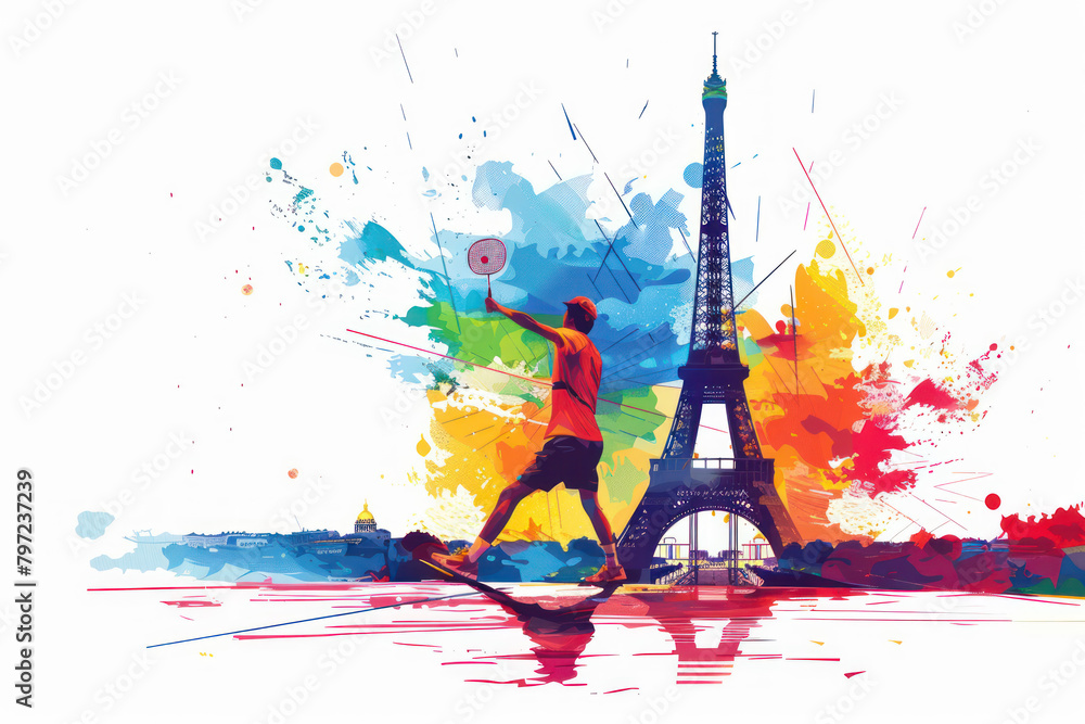 Colorful watercolor paint of badminton player hit shuttlecock by eiffel tower