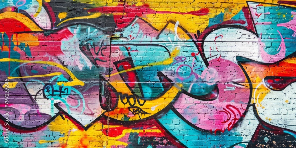 Obraz premium Vibrant Expressions: A colorful graffiti wall adorned with strokes of pink, yellow, and blue paint. A celebration of artistic freedom.