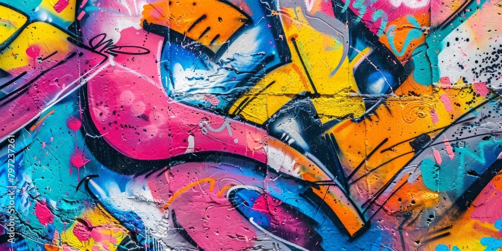 A colorful graffiti wall with pink, yellow, and blue paint A colorful graffiti wall with pink, yellow, and blue paint
