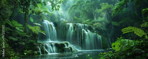 Serene waterfall cascades gently in a lush green mystical forest © Denys