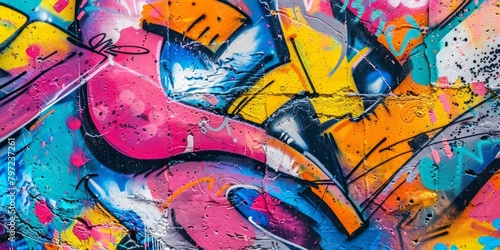 A colorful graffiti wall with pink, yellow, and blue paint