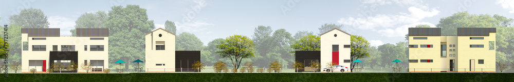 house in the park, 2d illustration facade of a modern house in the town