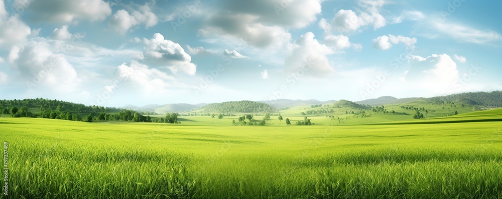 View of a wide green meadow with a clear sky in the background View of a wide green meadow with a clear sky in the background