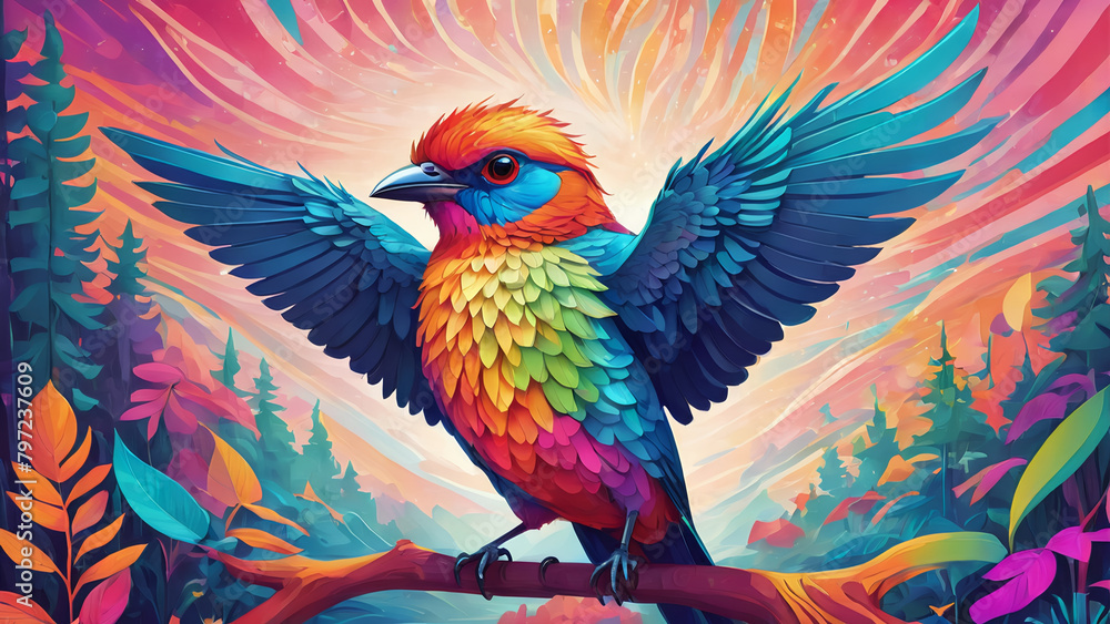 Obraz premium 2D colorful psychedelic flat Illustration of bird