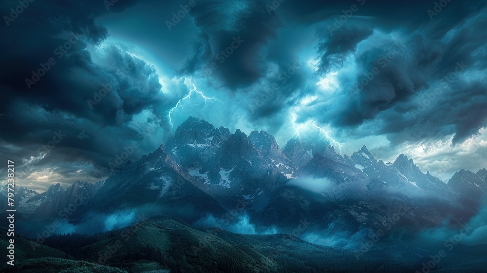 Naklejka premium Dark storm clouds over the majestic mountains and flashes of lightning illuminate the horizon. Generative AI