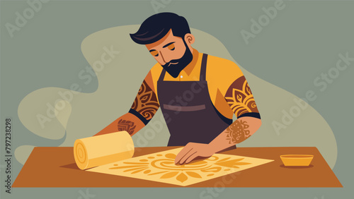 A tattooed man in a leather apron carefully carves intricate patterns onto smooth beeswax sheets destined to become oneofakind pillar candles..