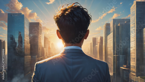 Close Up Backview Businessman Look sunny sky with modern cityspace , symbol of succes photo