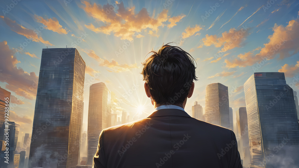 Fototapeta premium Close Up Backview Businessman Look sunny sky with modern cityspace , symbol of succes