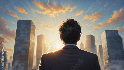 Close Up Backview Businessman Look sunny sky with modern cityspace , symbol of succes photo