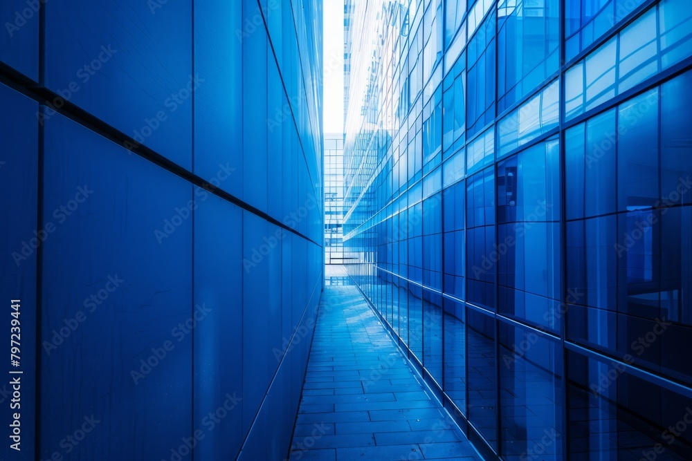 Obraz premium Window to the Heavens: A captivating blue room with a profusion of windows, offering a mesmerizing reflection of the sky and nurturing a sense of calm.