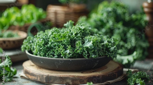 Dynamic food photography of kale on black plate with hard light, on cutting board in neutral tones