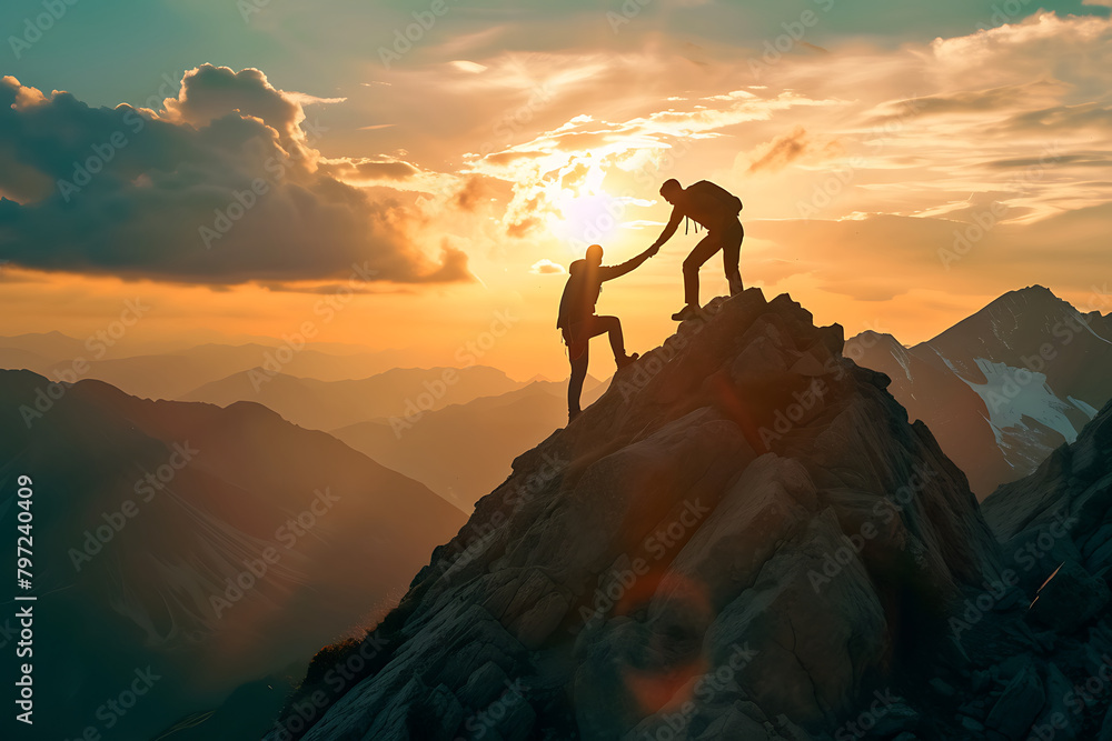 Silhouetted figures of two hikers helping each other on a mountain peak at dusk, with layered mountain vistas. Generative AI