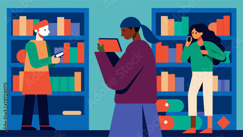 As I browsed through the shelves I caught snippets of whispered conversations between two strangers discussing their favorite authors.. Vector illustration