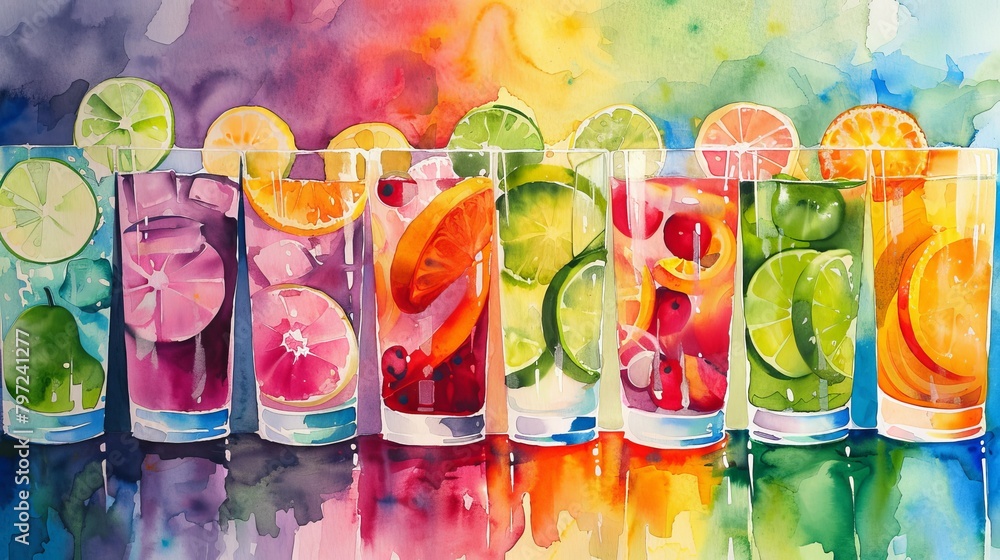 Colorful watercolor of assorted flavored waters, each glass infused with different fruits, depicted in a vibrant, festive setting