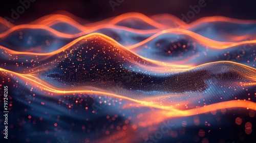 Digital illustration of orange and blue neon light waves with sparkling particles