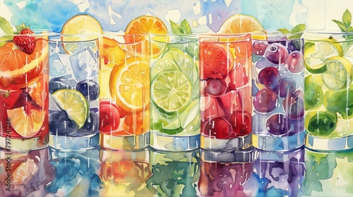 Colorful watercolor of assorted flavored waters, each glass infused with different fruits, depicted in a vibrant, festive setting