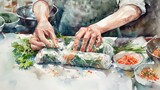 A watercolor depiction of hands preparing spring rolls, highlighting the fresh ingredients and the delicate process of wrapping