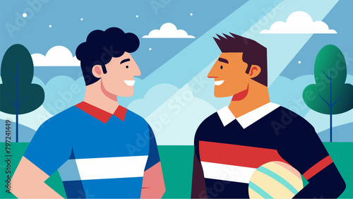 Surrounded by the energy of a rugby game two friends talk about their childhood memories and how their friendship has stood the test of time.. Vector illustration