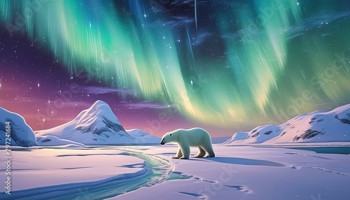  a snowy tundra landscape with a polar bear traversing icy terrain under the Northern Lights."