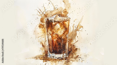 Aromatic watercolor of iced coffee in a tall glass, dark swirls of coffee mixing with melting ice, condensation beading on the outside