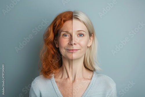 Epigenetic visuals in aging integrate skincare tips for aging illustrations, focusing on holistic vitality in skin care technology splits and dual appearance dynamics.