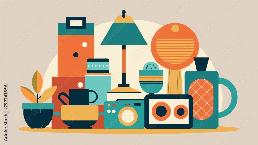 Fototapeta premium An armful of unique and eclectic housewares including a mismatched set of vintage plates a funky lamp and an old camera.