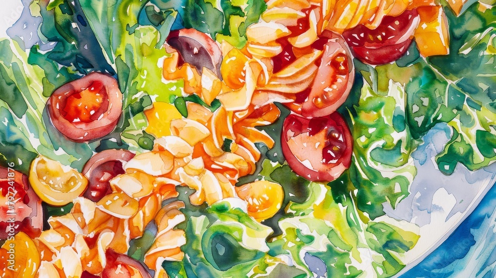 Artistic watercolor depicting freshly tossed Pasta Primavera, highlighting the vibrant green, red, and yellow of fresh veggies