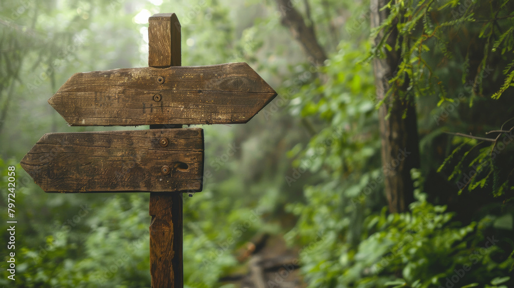 Wooden directional signpost on a foggy forest path with space for text Wooden directional signpost on a foggy forest path with space for text