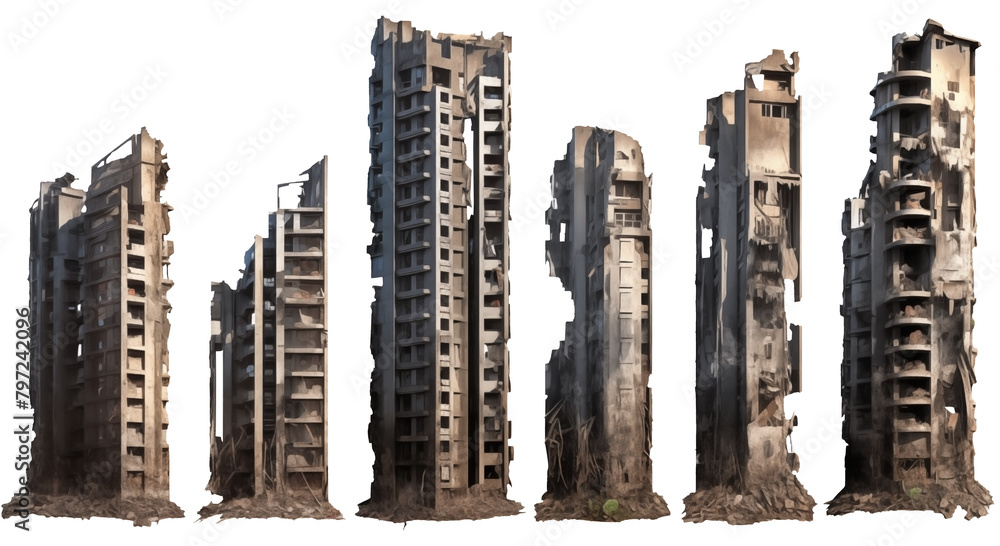 ruined skyscrapers PNG Abandoned buildings isolated on white and transparent background - Destroyed Uninhabited houses Wreckage apocalyptic event ruined skyscrapers PNG Abandoned buildings isolated on white and transparent background - Destroyed Uninhabited houses Wreckage apocalyptic event