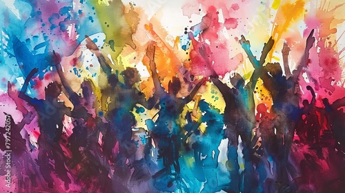 Artistic watercolor interpretation of a festival scene  people energized by music and energy drinks  colors mingling like sound and energy
