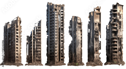 ruined skyscrapers PNG Abandoned buildings isolated on white and transparent background - Destroyed Uninhabited houses Wreckage apocalyptic event