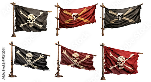 Set of pirate flags PNG Skull flag isolated on white and transparent background - Crossed Caribbean flag Adventure sea Game concept photo