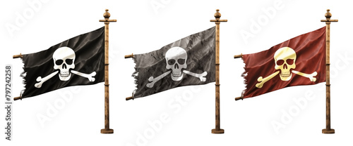 Set of pirate flags PNG Skull flag isolated on white and transparent background - Crossed Caribbean flag Adventure sea Game concept