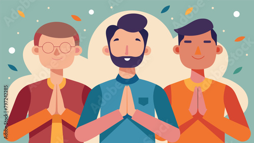 With eyes closed a group of men hold their hands over their hearts as they chant om together their voices rising and falling in perfect harmony..