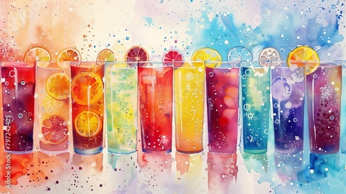 Artistic watercolor of an array of carbonated beverages, with bubbles vividly painted to enhance the fizz and flavor
