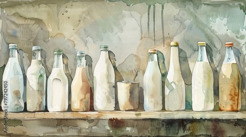 Artistic watercolor of assorted milk bottles lined up  showcasing cow s milk  soy milk  and dairy-free alternatives with a rustic backdrop
