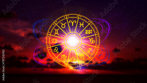 Concept of astrology and horoscope, person inside zodiac sign wheel, Astrological zodiac signs inside of horoscope circle, Astrology, knowledge of stars the sky, power of the universe concept.