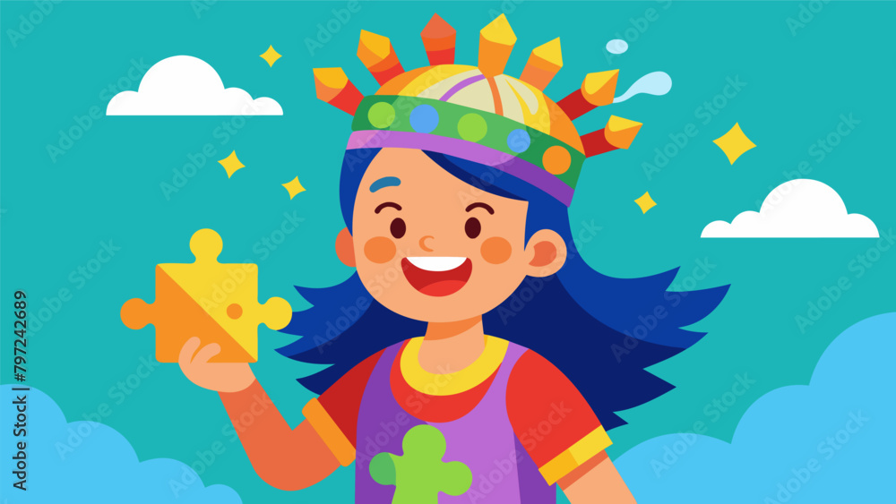 A young girl wearing a colorful playful device on her head beaming with excitement as she solves a difficult puzzle.. A young girl wearing a colorful playful device on her head beaming with excitement as she solves a difficult puzzle..