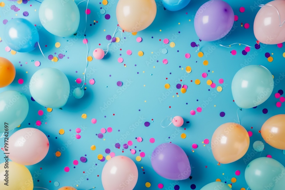 A blue background with a bunch of colorful balloons and confetti A blue background with a bunch of colorful balloons and confetti