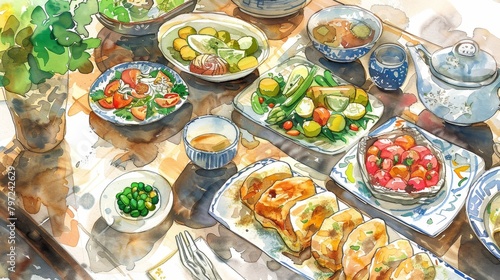 Artistic watercolor spread of a family meal featuring traditional dishes, capturing the essence of heritage and culinary love © Alpha