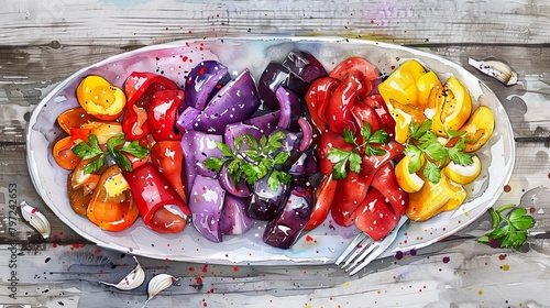Artistic watercolor top view of a colorful vegetable platter, bell peppers and eggplants artistically arranged, served with garlic aioli photo