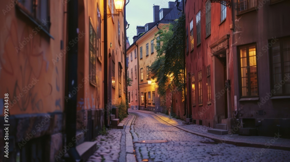 Alleyway classic stone paving road. European style house residence. Alleyway classic stone paving road. European style house residence.