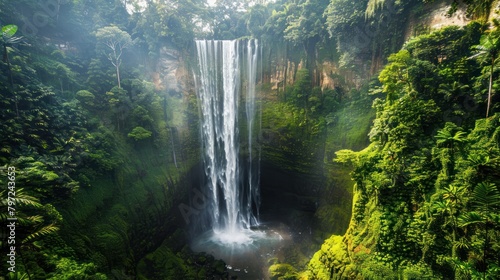 A widescreen view of a towering waterfall in a lush forest, 