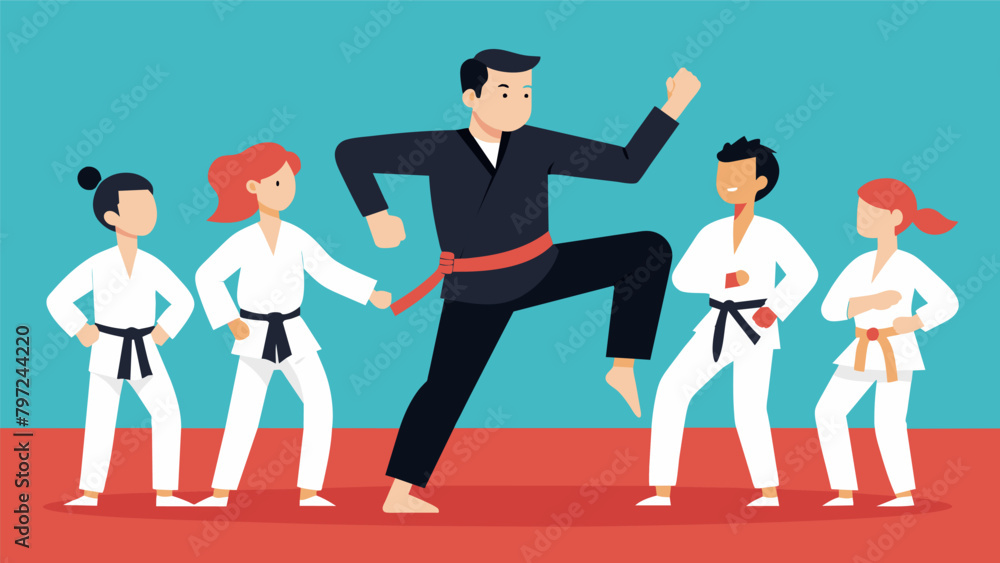 A black belt instructor guides a group of students of various belt colors through a series of advanced kicks and strikes. A black belt instructor guides a group of students of various belt colors through a series of advanced kicks and strikes.