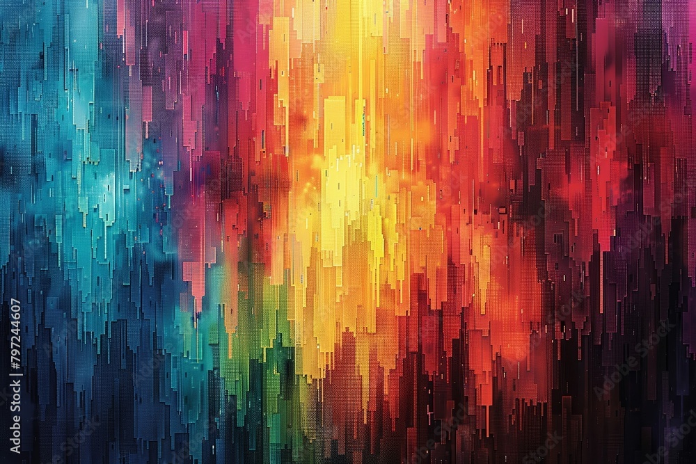 displaying a vibrant and unique abstract backdrop in a retro 8-bit pixel art design, created using algorithmic generation